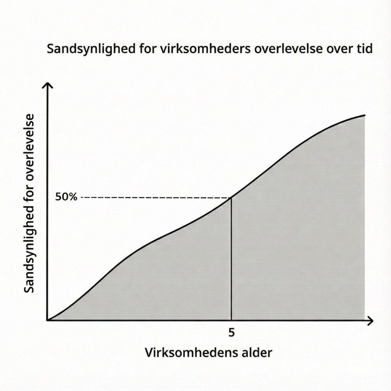 Danish line chart showing probability of business survival increasing with company age, with a 50 percent marker at year five