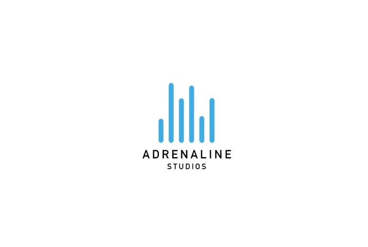 Adrenaline Studios logo: blue vertical bar waveform graphic above the company name in black capital letters